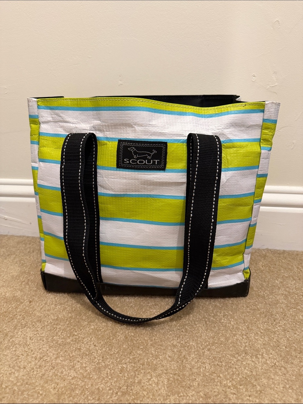 SCOUT Lime Green, White & Blue Striped Tote with Black Handles